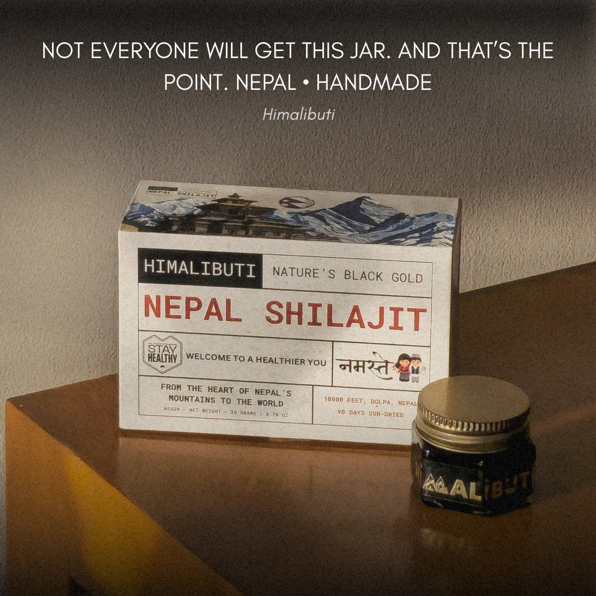 Himalibuti Nepal Shilajit handmade resin jar and box from Upper Dolpa, Nepal